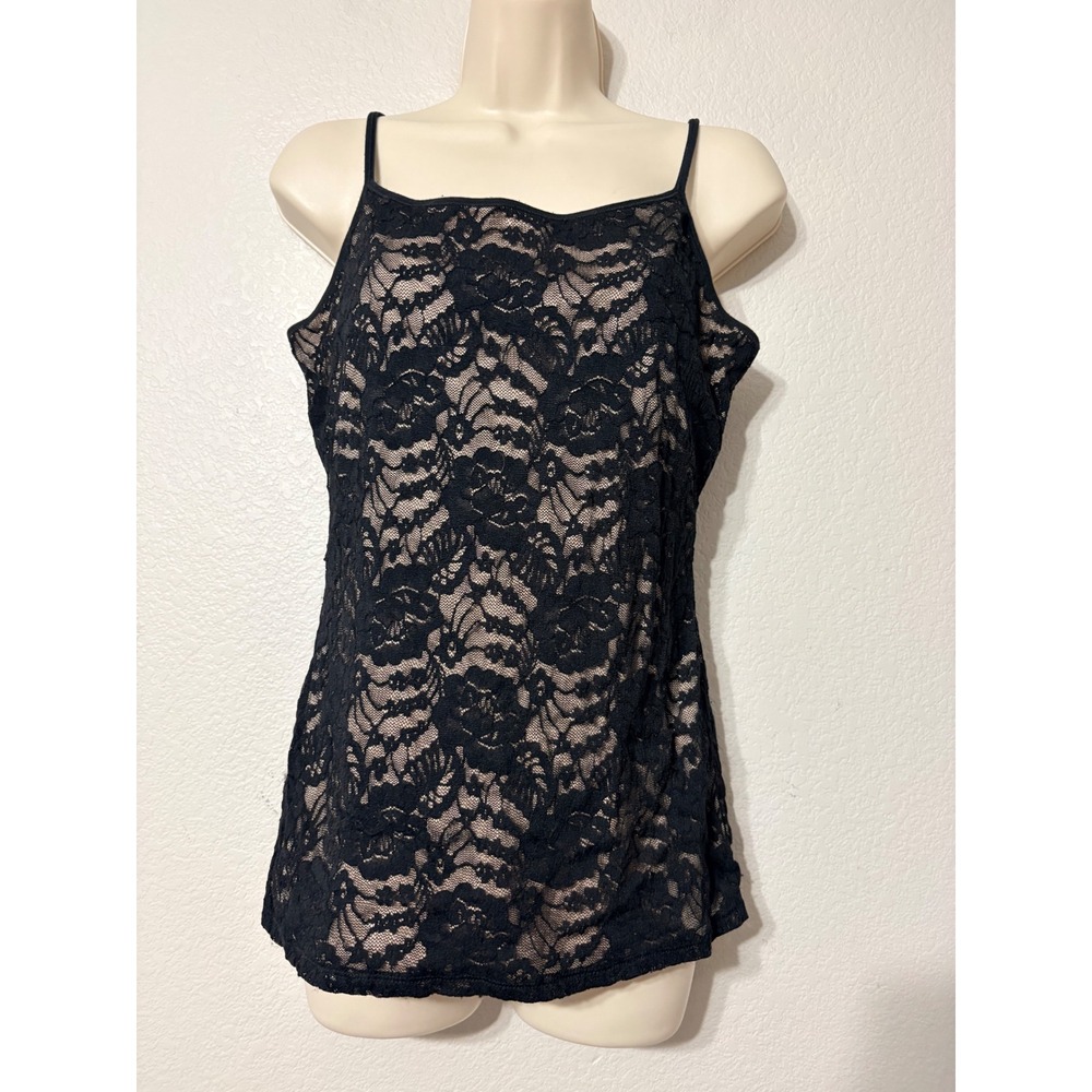 Express Best Loved Bra Cami Tank Black Floral Lace Nude Lining Large